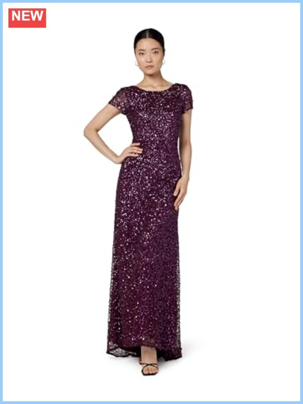 Sequin Evening Gown Short Sleeve Scoop Back Floor-Length Formal Dress